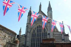 String of Union Jack flags in front of Cathedral